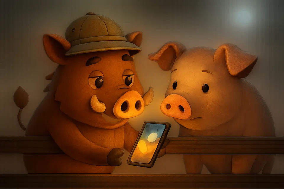 The BOAR mascot showing its phone to a real pig: art for the bounty “Make the case for private AI”