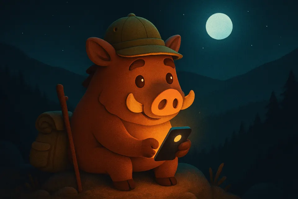 The BOAR mascot on a hill under the moon, reading an answer on a phone with no signal: art for the bounty “Ask BOAR where there is no signal”